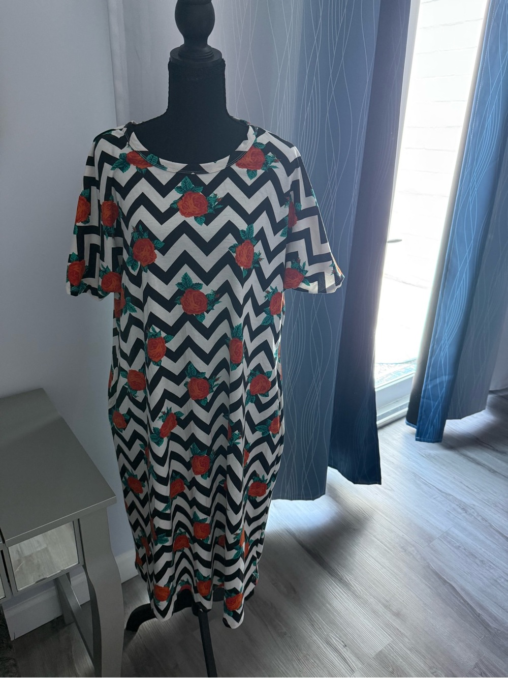 LuLaRoe Black & White Chevron Midi Dress with Red Rose Print